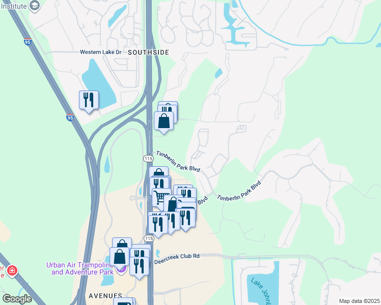 map of restaurants, bars, coffee shops, grocery stores, and more near 7635 Timberlin Park Boulevard in Jacksonville