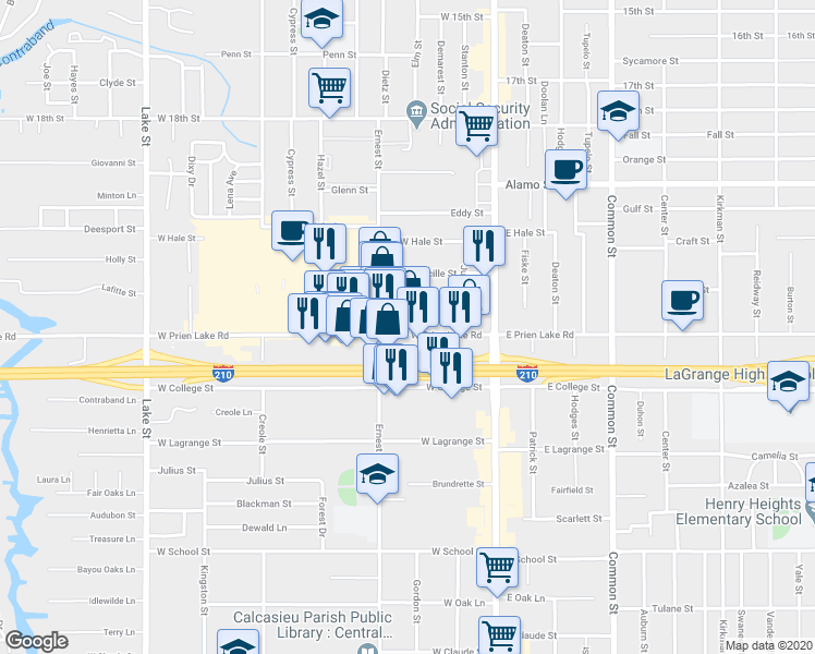 map of restaurants, bars, coffee shops, grocery stores, and more near 226 West Prien Lake Road in Lake Charles