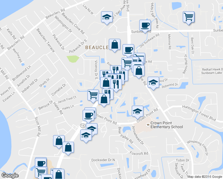 map of restaurants, bars, coffee shops, grocery stores, and more near 9825 San Jose Boulevard in Jacksonville