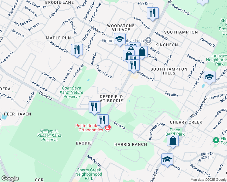 map of restaurants, bars, coffee shops, grocery stores, and more near 8600 Brodie Lane in Austin