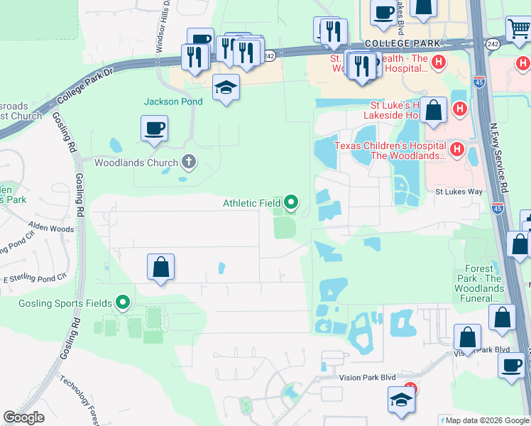 map of restaurants, bars, coffee shops, grocery stores, and more near 17793 East Loop Road in Conroe