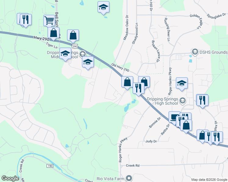 map of restaurants, bars, coffee shops, grocery stores, and more near 281B Rose Drive in Dripping Springs