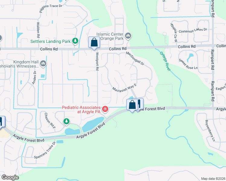 map of restaurants, bars, coffee shops, grocery stores, and more near 8136 Kilwinning Lane in Jacksonville