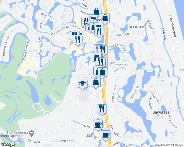 map of restaurants, bars, coffee shops, grocery stores, and more near 211 Colima Court in Ponte Vedra Beach