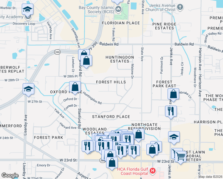 map of restaurants, bars, coffee shops, grocery stores, and more near 913 Agnes Scott Cir in Panama City