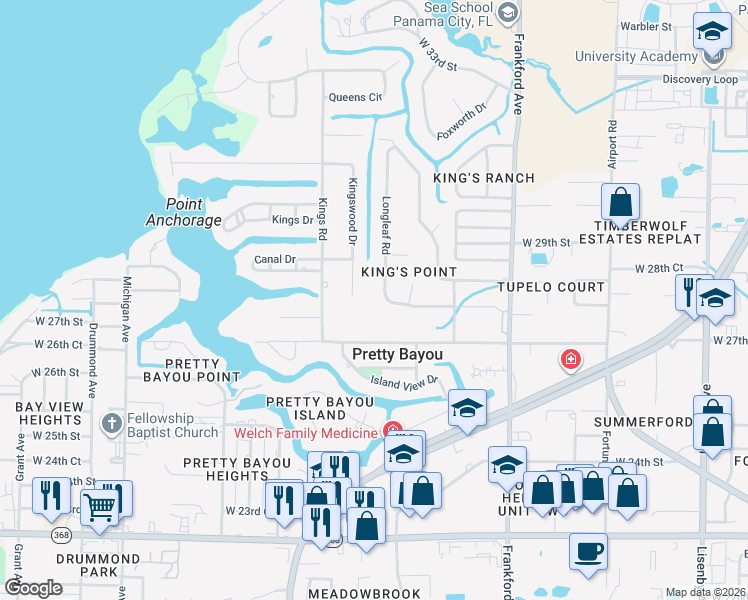 map of restaurants, bars, coffee shops, grocery stores, and more near 2700 Kingswood Drive in Panama City