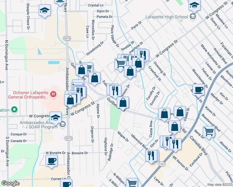 map of restaurants, bars, coffee shops, grocery stores, and more near 205 Bell Downs Circle in Lafayette