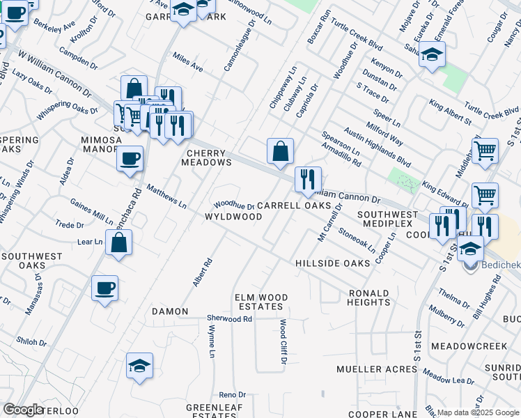 map of restaurants, bars, coffee shops, grocery stores, and more near 7010 Windrift Way in Austin