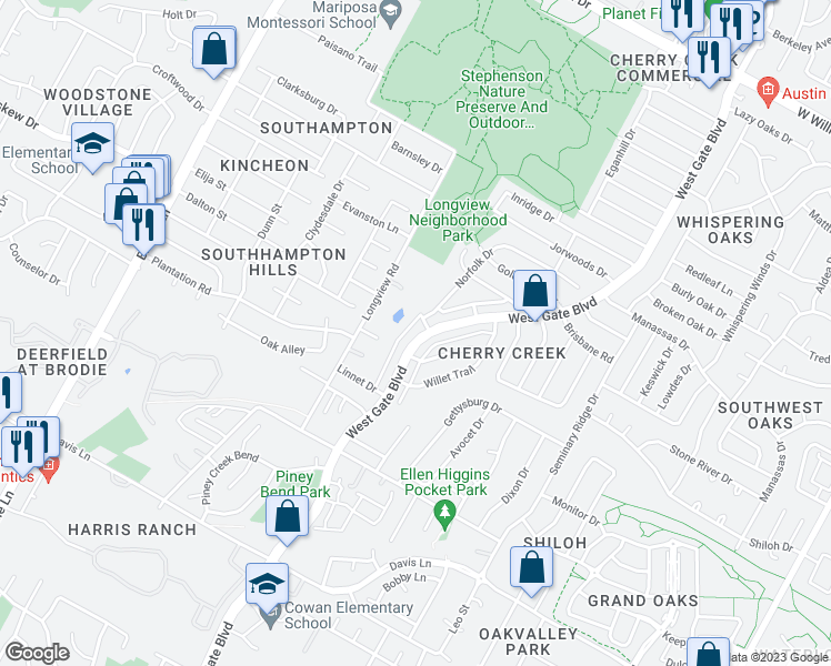 map of restaurants, bars, coffee shops, grocery stores, and more near 8112 West Gate Boulevard in Austin