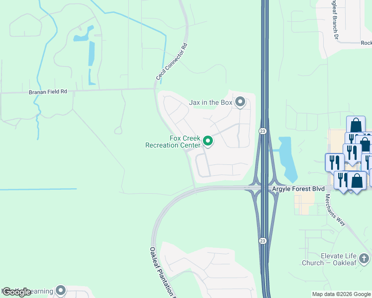 map of restaurants, bars, coffee shops, grocery stores, and more near 10238 Bengal Fox Drive in Jacksonville