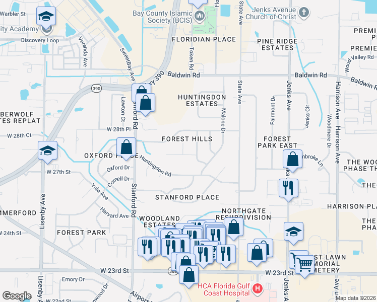 map of restaurants, bars, coffee shops, grocery stores, and more near 913 Agnes Scott Cir in Panama City