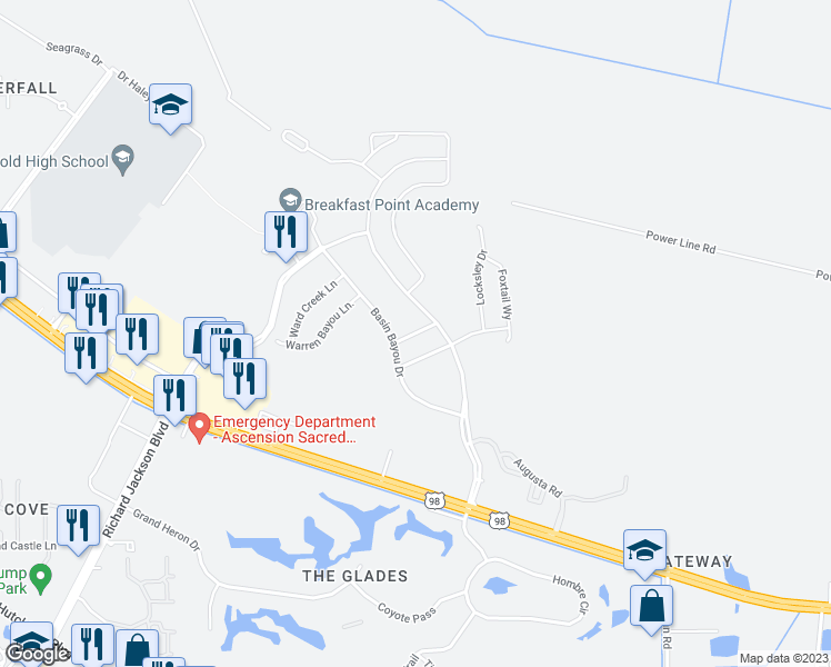 map of restaurants, bars, coffee shops, grocery stores, and more near 407 Breakfast Point Boulevard in Panama City Beach