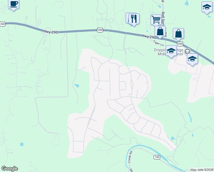 map of restaurants, bars, coffee shops, grocery stores, and more near 320 Dally Court in Dripping Springs
