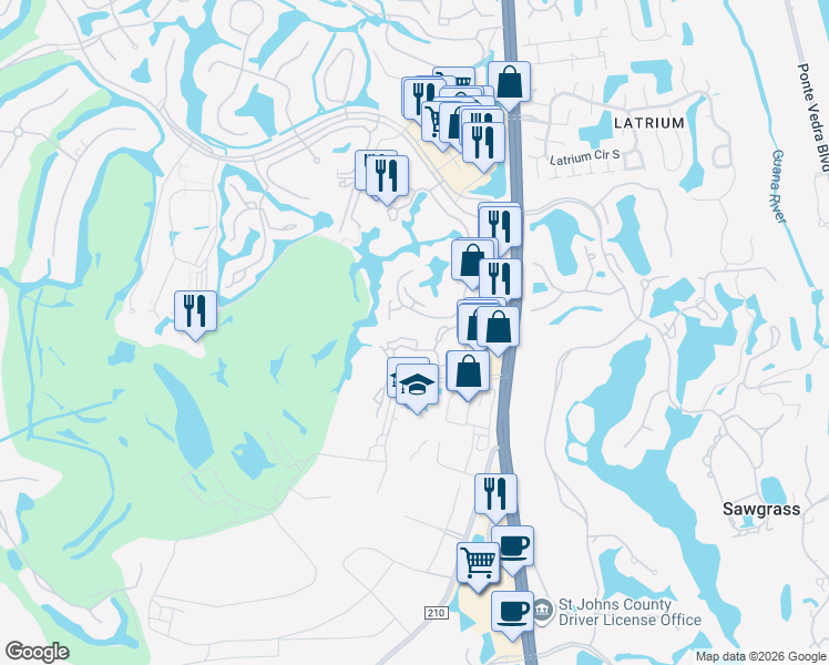 map of restaurants, bars, coffee shops, grocery stores, and more near 120 Veracruz Drive in Palm Valley