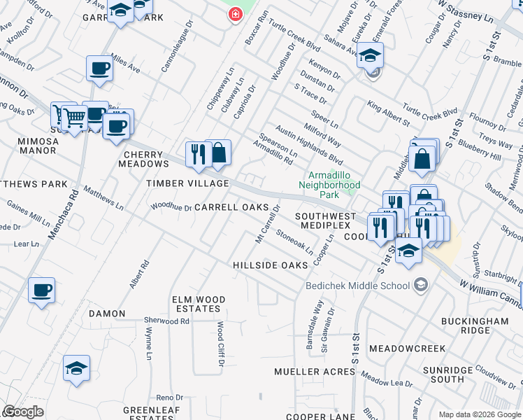 map of restaurants, bars, coffee shops, grocery stores, and more near 6815 Mount Carrell Drive in Austin