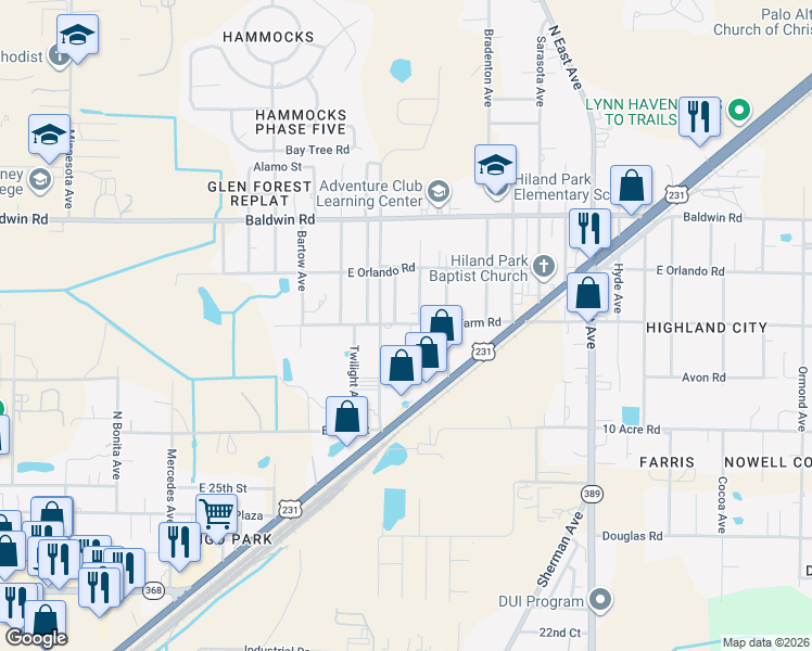 map of restaurants, bars, coffee shops, grocery stores, and more near 2306 Game Farm Road in Panama City