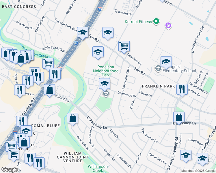 map of restaurants, bars, coffee shops, grocery stores, and more near 2104 Deadwood Drive in Austin