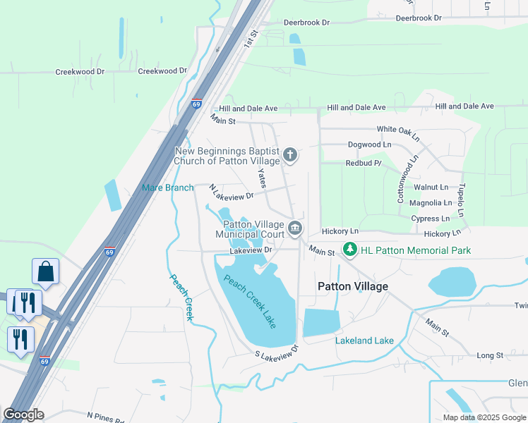 map of restaurants, bars, coffee shops, grocery stores, and more near 16944 Yates in Splendora