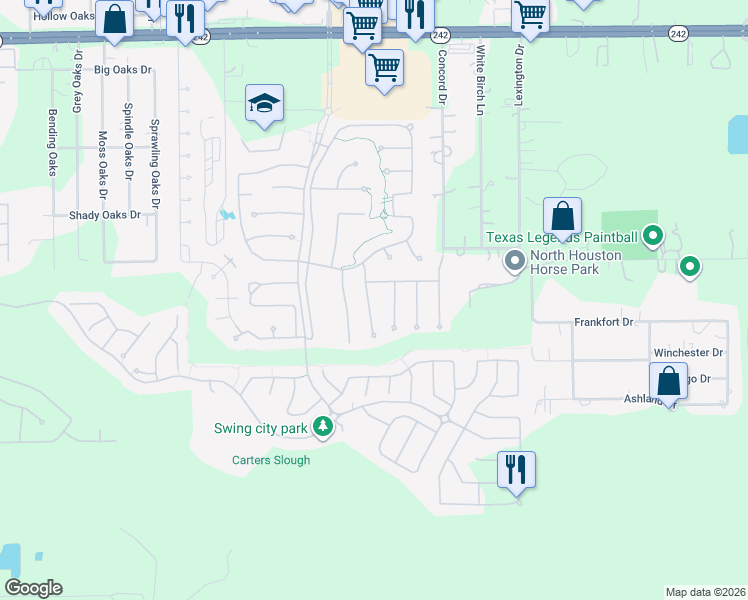 map of restaurants, bars, coffee shops, grocery stores, and more near 1042 Bat Hawk Court in Conroe