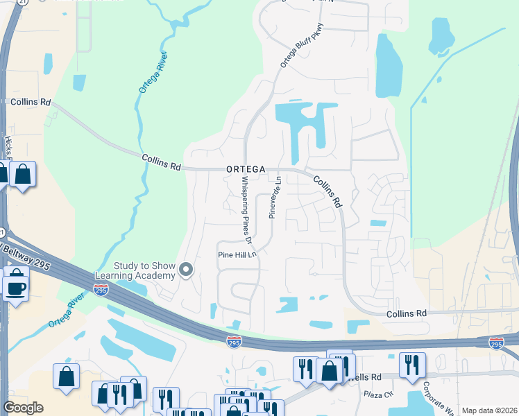 map of restaurants, bars, coffee shops, grocery stores, and more near 8347 Windypine Lane in Jacksonville