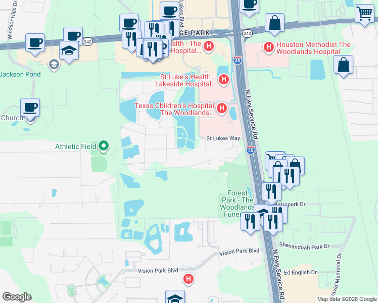 map of restaurants, bars, coffee shops, grocery stores, and more near 504 Catfish Lane in Conroe