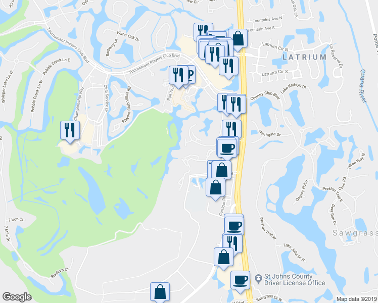 map of restaurants, bars, coffee shops, grocery stores, and more near 150 Veracruz Drive in Ponte Vedra Beach