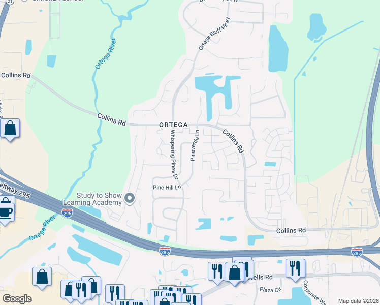 map of restaurants, bars, coffee shops, grocery stores, and more near 8430 Pineverde Lane in Jacksonville