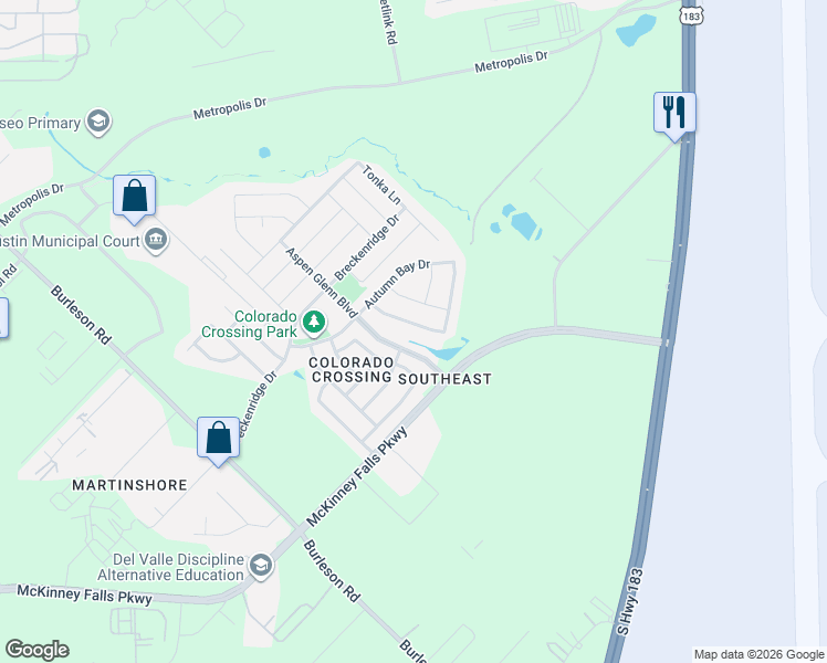 map of restaurants, bars, coffee shops, grocery stores, and more near 7500 Aspen Glenn Boulevard in Austin