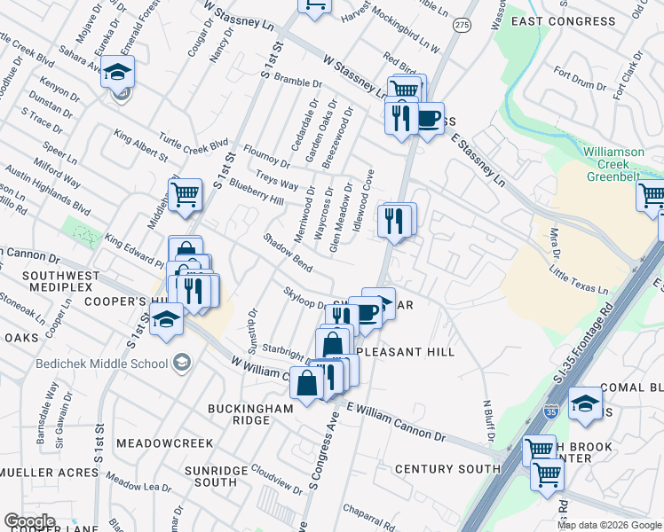 map of restaurants, bars, coffee shops, grocery stores, and more near 6353 Shadow Bend in Austin