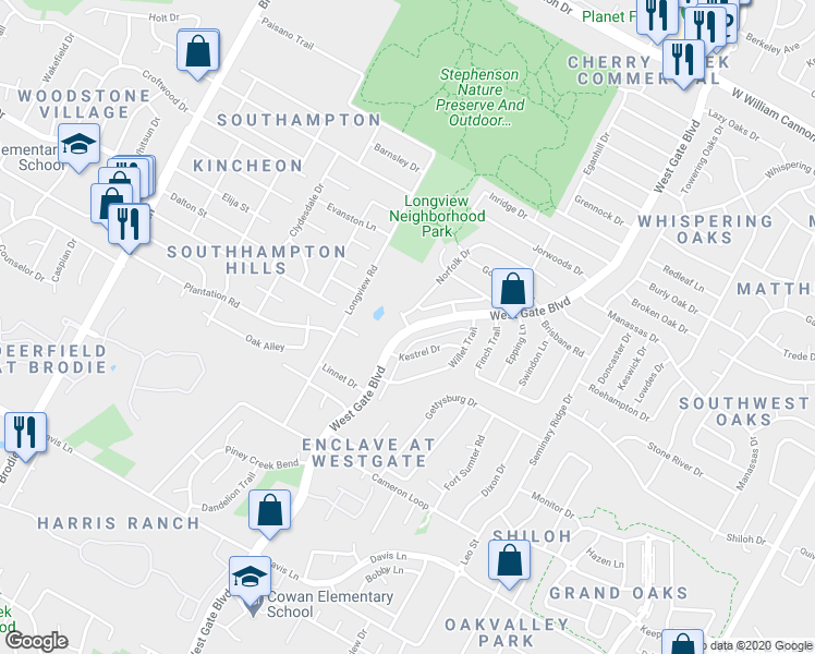 map of restaurants, bars, coffee shops, grocery stores, and more near 3000 Kestrel Drive in Austin