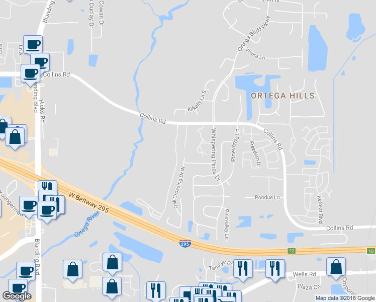 map of restaurants, bars, coffee shops, grocery stores, and more near 5557 Oak Crossing Drive in Jacksonville