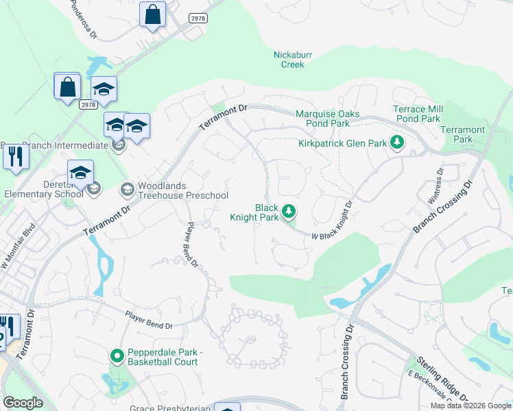 map of restaurants, bars, coffee shops, grocery stores, and more near 3 Player Grove Court in The Woodlands