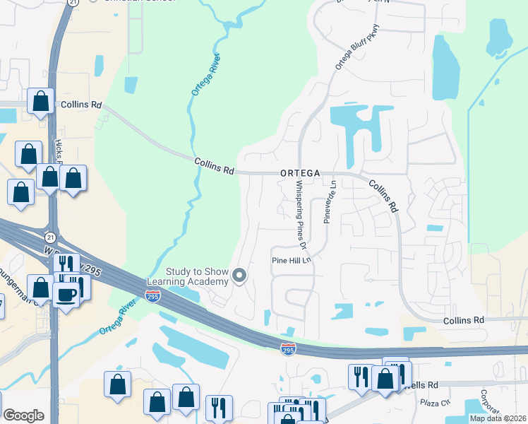 map of restaurants, bars, coffee shops, grocery stores, and more near 5557 Oak Crossing Drive in Jacksonville