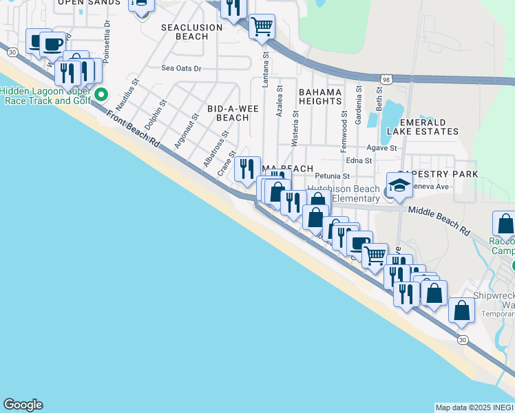 map of restaurants, bars, coffee shops, grocery stores, and more near 15167 Front Beach Road in Panama City Beach