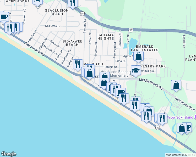 map of restaurants, bars, coffee shops, grocery stores, and more near 602 Camelia Street in Panama City Beach