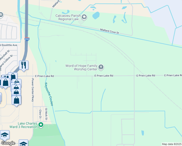 map of restaurants, bars, coffee shops, grocery stores, and more near 3825 East Prien Lake Road in Lake Charles