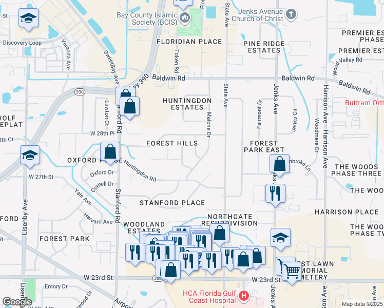 map of restaurants, bars, coffee shops, grocery stores, and more near 2807 Gordon Street in Panama City