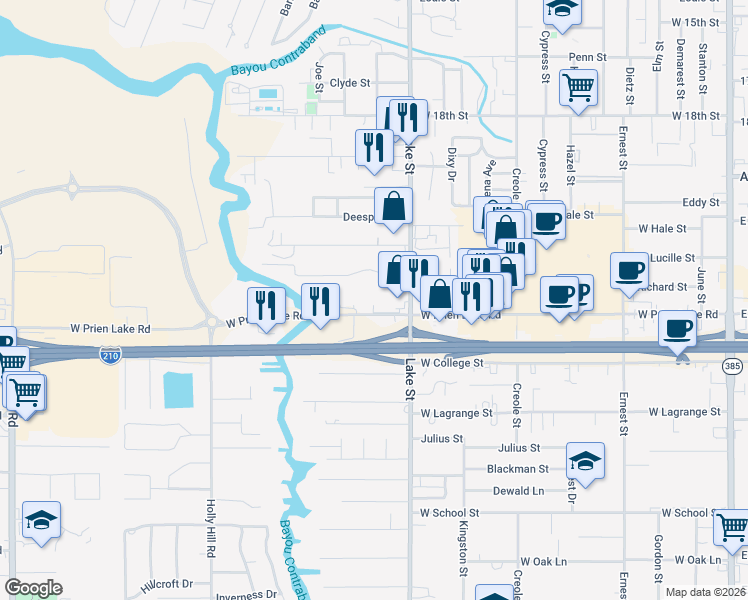 map of restaurants, bars, coffee shops, grocery stores, and more near 901 Lafitte Street in Lake Charles