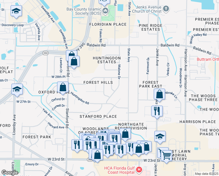 map of restaurants, bars, coffee shops, grocery stores, and more near 2813 Gordon Street in Panama City