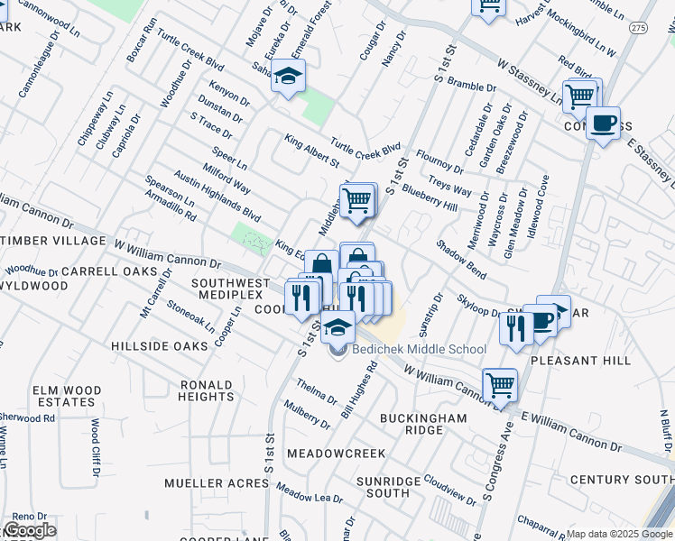map of restaurants, bars, coffee shops, grocery stores, and more near 6422 South 1st Street in Austin
