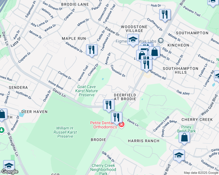 map of restaurants, bars, coffee shops, grocery stores, and more near 8600 Brodie Lane in Austin