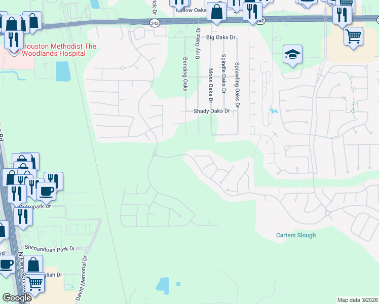 map of restaurants, bars, coffee shops, grocery stores, and more near 9801 Preserve Way in Shenandoah