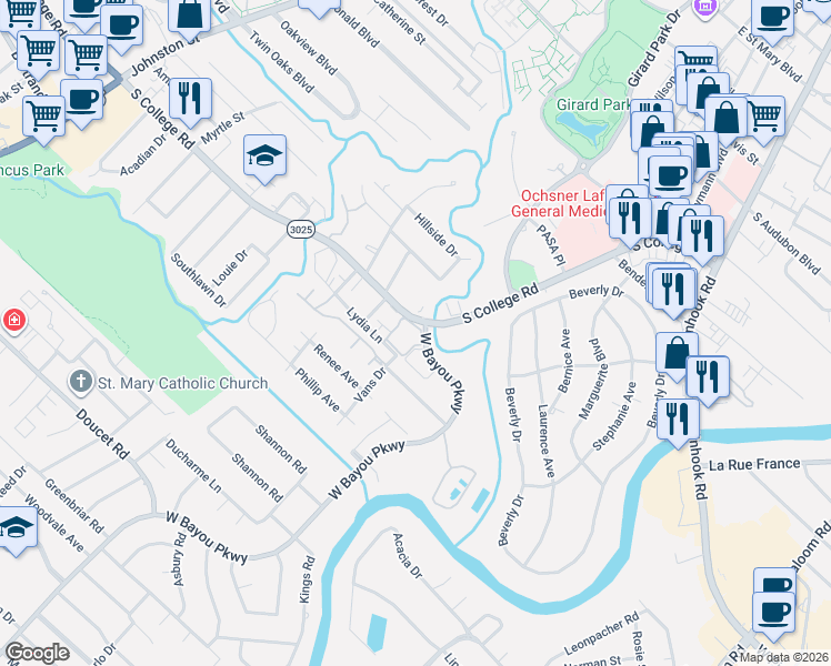 map of restaurants, bars, coffee shops, grocery stores, and more near 1105 South College Road in Lafayette