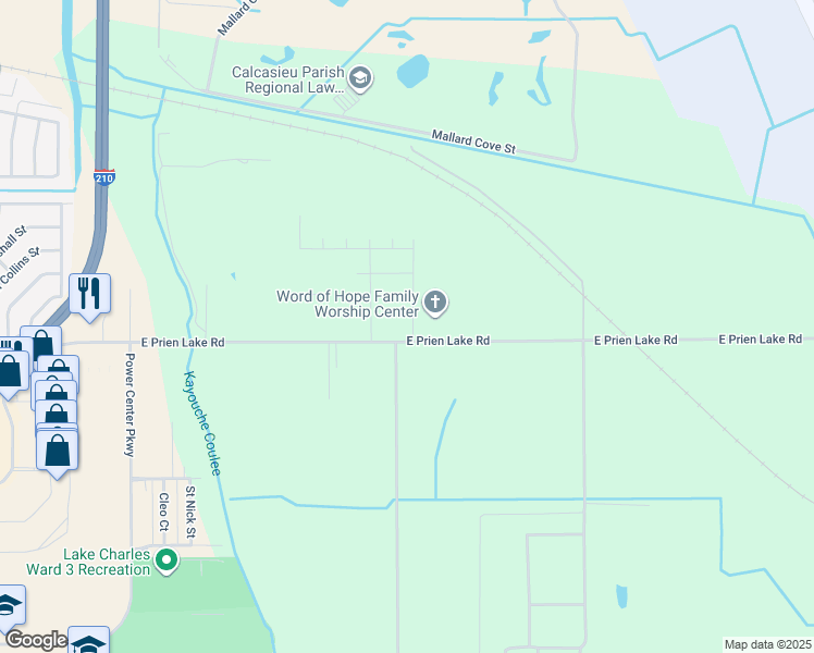 map of restaurants, bars, coffee shops, grocery stores, and more near 3825 East Prien Lake Road in Lake Charles