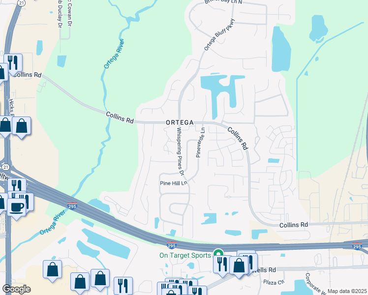 map of restaurants, bars, coffee shops, grocery stores, and more near 8326 Windypine Lane in Jacksonville