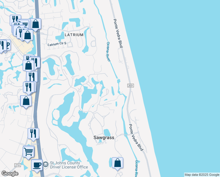 map of restaurants, bars, coffee shops, grocery stores, and more near 58 Tifton Way North in Ponte Vedra Beach