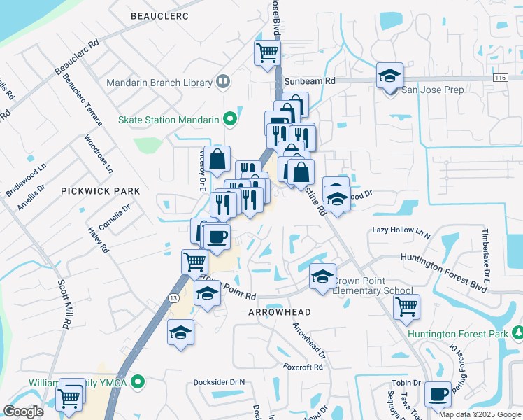 map of restaurants, bars, coffee shops, grocery stores, and more near 9759 San Jose Boulevard in Jacksonville