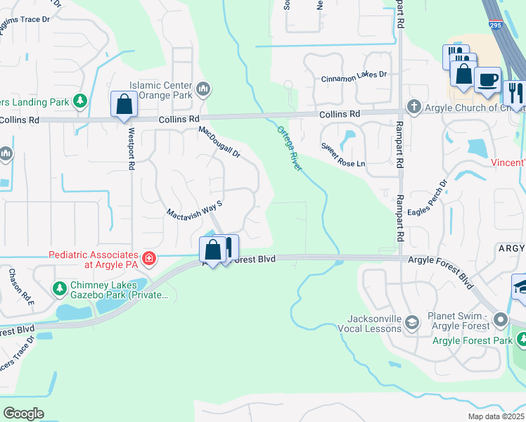 map of restaurants, bars, coffee shops, grocery stores, and more near 7666 Coatbridge Terrace in Jacksonville