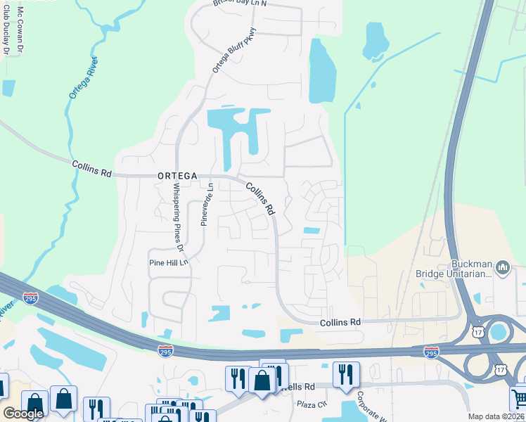 map of restaurants, bars, coffee shops, grocery stores, and more near 5266 Collins Road in Jacksonville