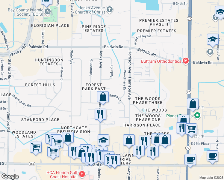map of restaurants, bars, coffee shops, grocery stores, and more near 106 Ridgecrest Court in Panama City